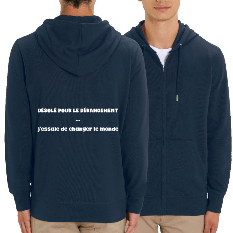 Sweat homme zippé à capuche coton bio bleu marine Désolé pour le dérangement (homme) (Gondrax,Slogans engagés)