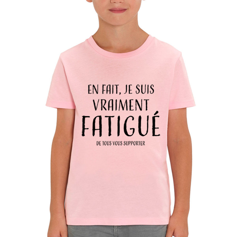 T-shirt enfant coton bio rose clair je suis vraiment fatigué (homme) (Gondrax,Slogans Débiles)