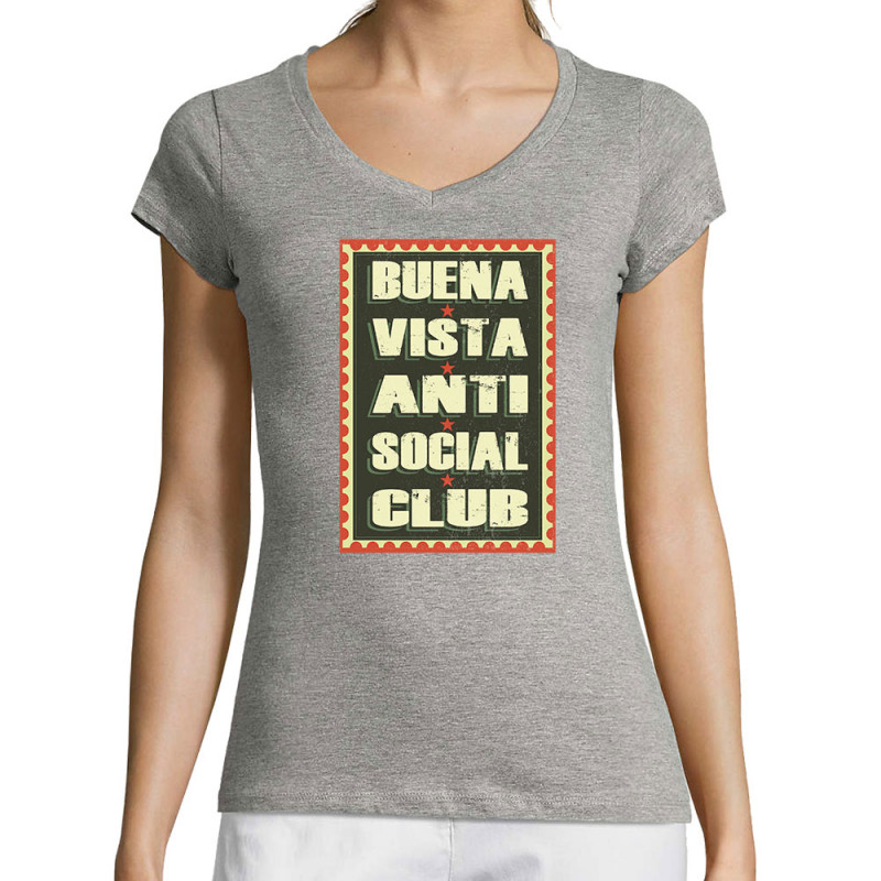 T-shirt femme col V gris chiné Buena Vista Anti Social Club (Andy,Humour,Détournements)