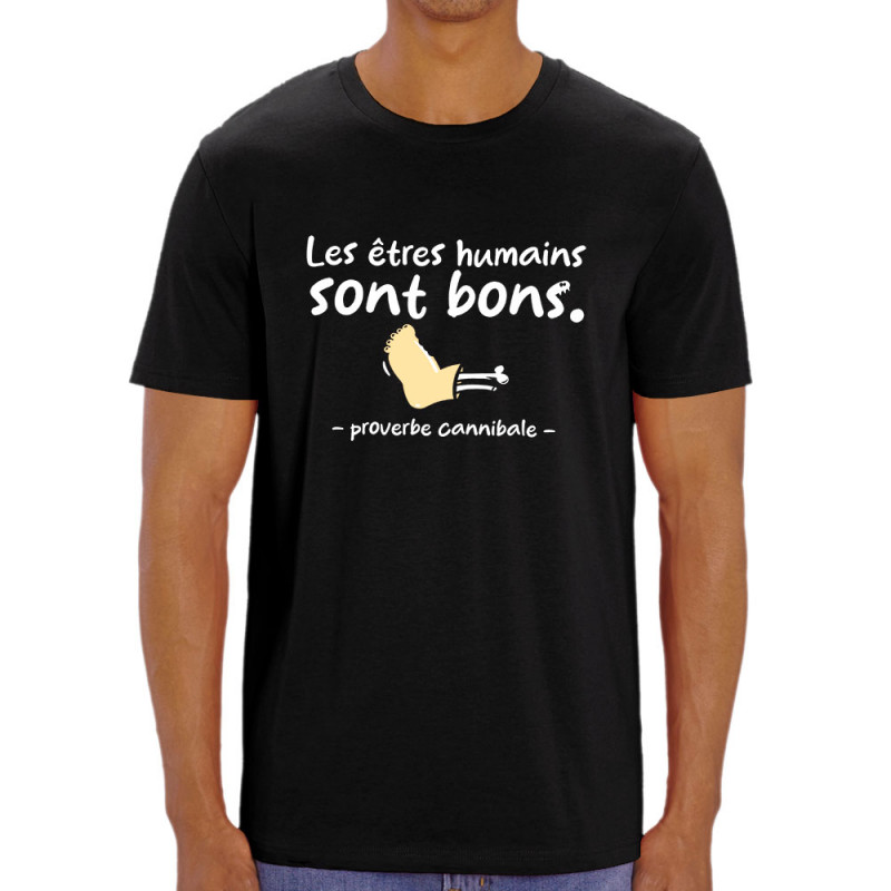 T-shirt homme coton bio noir Proverbe cannibal (Zewa,Humour)