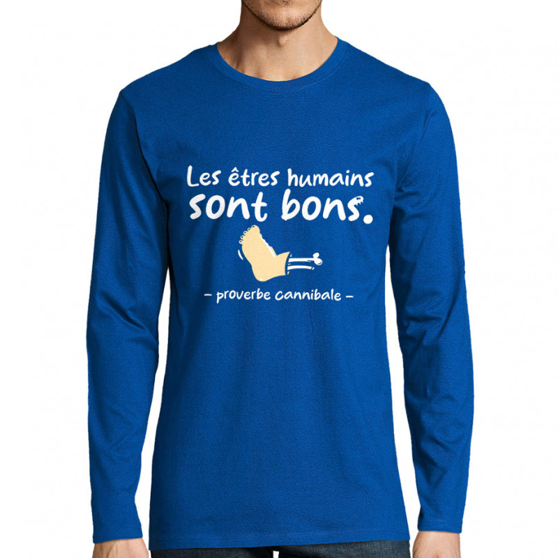 T-shirt homme manches longues bleu royal Proverbe cannibal (Zewa,Humour)