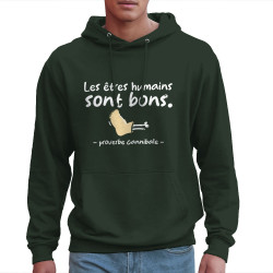 Sweat homme à capuche vert foncé Proverbe cannibal (Zewa,Humour)