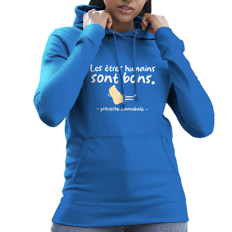 Sweat femme à capuche bleu royal Proverbe cannibal (Zewa,Humour)