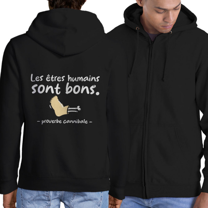 Sweat homme à capuche zippé noir Proverbe cannibal (Zewa,Humour)