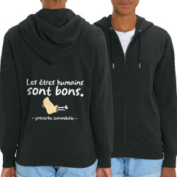 Sweat femme zippé à capuche coton bio noir Proverbe cannibal (Zewa,Humour)