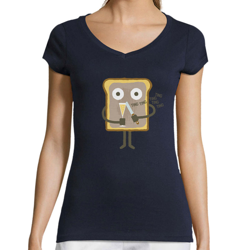 T-shirt femme col V bleu marine Toast (Fruits & Légumes,Alex Kidd)
