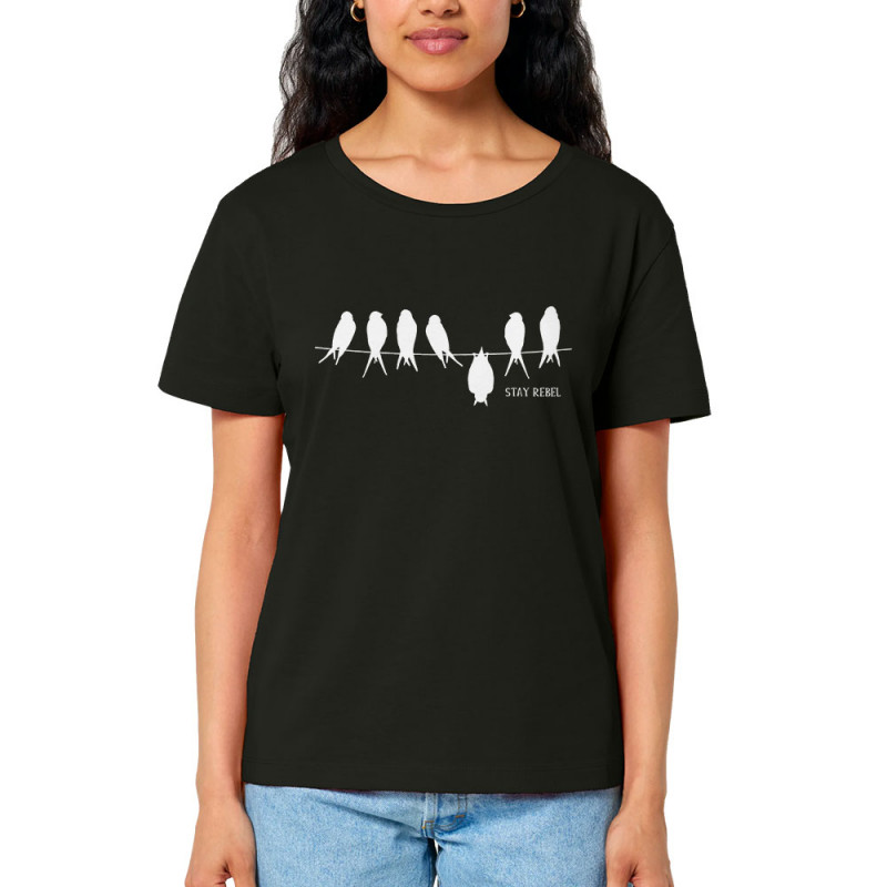 T-shirt femme col large coton bio noir Stay Rebel (Gondrax,Animaux,Humour,Stay)
