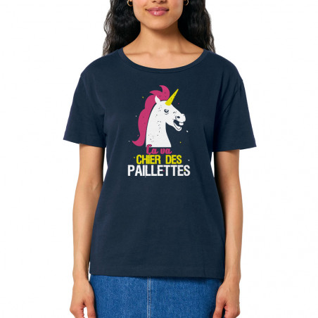 T-shirt femme col large coton bio bleu marine Ca va chier des paillettes (Animaux,Humour,Amazon,Zewa)