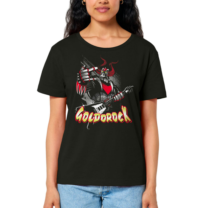 T-shirt femme col large coton bio noir Goldorock (Simon,Gondrax,Films/Séries,Rock & Punk,Enfer,Manga Kawaï japan,Détournements)