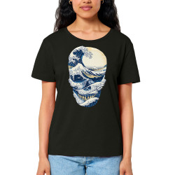 T-shirt femme col large coton bio noir Hokusai Wave Skull (Têtes de morts,Amazon,Hokusaï,Musée)
