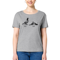 T-shirt femme col large coton bio gris chiné Pigeon Pigeoff (Gondrax,Les Bébêtes,Humour,Animaux)