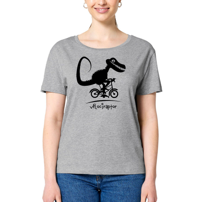 T-shirt femme col large coton bio gris chiné Vélociraptor (Andy,Humour,Animaux,Vélo)