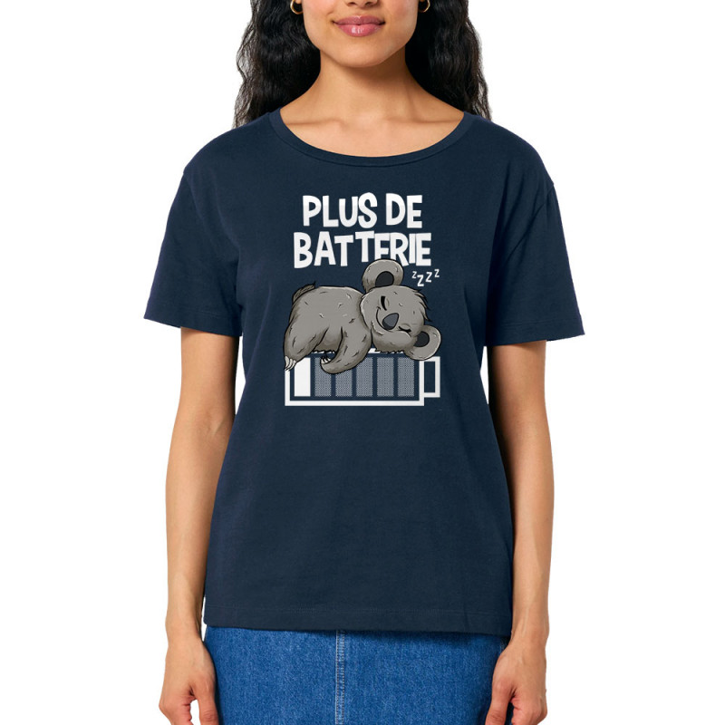 T-shirt femme col large coton bio bleu marine Plus de batterie koala (Animaux,Humour,Manga Kawaï japan,Bébés,Paresse)