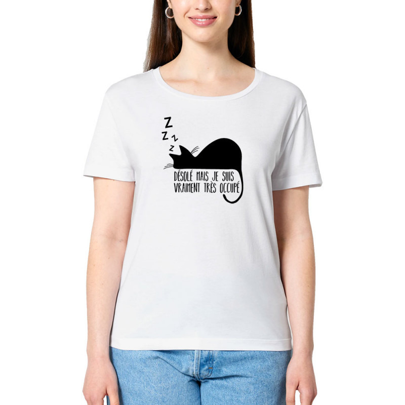 T-shirt femme col large coton bio blanc Désolé mais je suis très occupé (Gondrax,Animaux,Humour,Chats,Paresse)