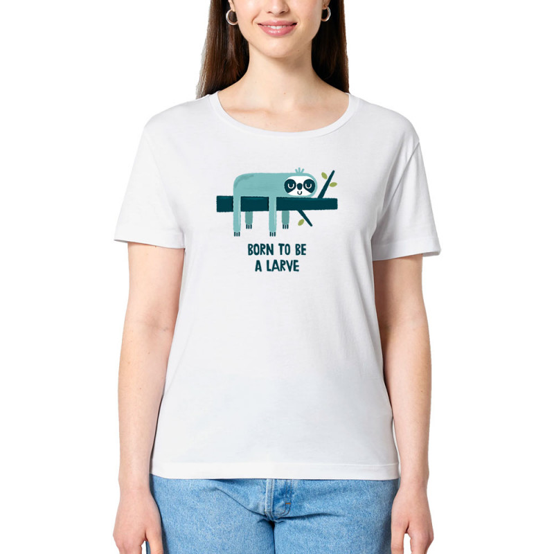 T-shirt femme col large coton bio blanc Born to be a Larve (Alex Kidd,Animaux,Humour,Paresse)