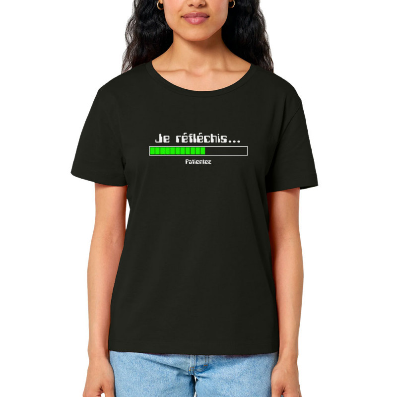 T-shirt femme col large coton bio noir Je réfléchis Patientez (Gondrax,Jeux Vidéo / Geek,Humour,Des chiffres et des lettres,Devo