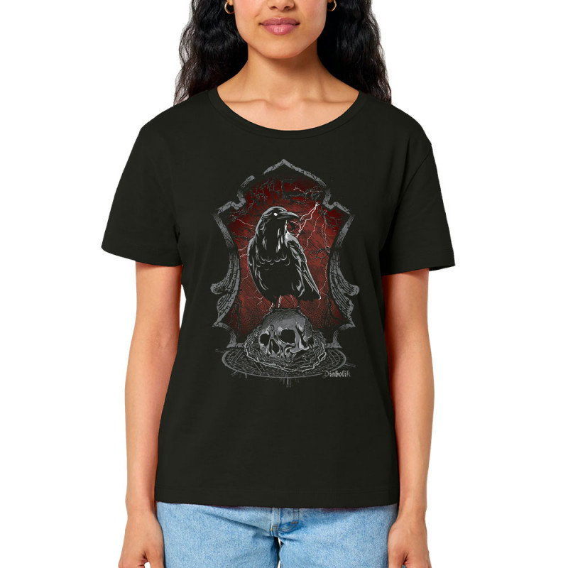 T-shirt femme col large coton bio noir Diabolik Evil Crow (Simon,Diabolik,Têtes de morts,Enfer)