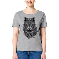 T-shirt femme col large coton bio gris chiné Bad River - The Wolf (Taïry Greene,Bad River,Animaux)