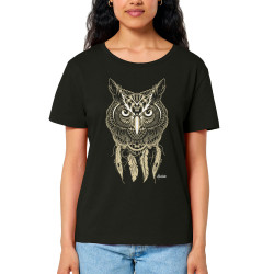 T-shirt femme col large coton bio noir Bad River - Little Owl (Bad River,Animaux,Ethnique)