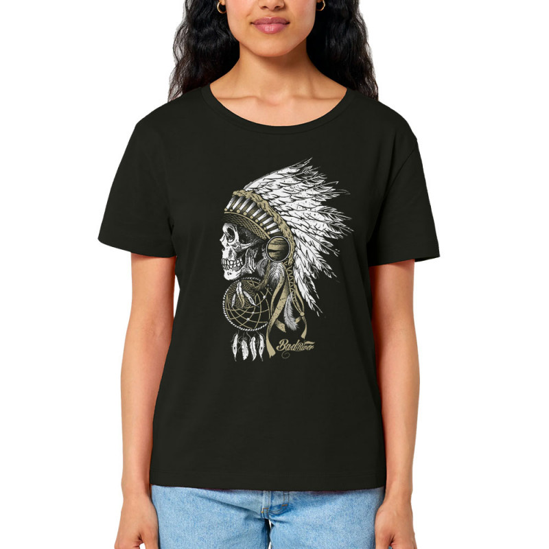 T-shirt femme col large coton bio noir Bad River - Chief Skull (Simon,Bad River,Ethnique)