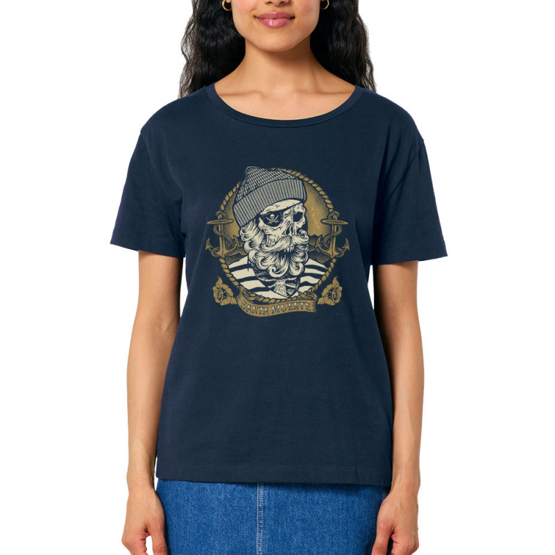 T-shirt femme col large coton bio bleu marine Santa Muerte - Dead Fisherman (Simon,Santa Muerte,Têtes de morts)