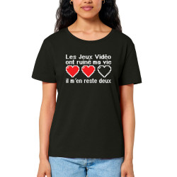 T-shirt femme col large coton bio noir Les jeux vidéo ont ruiné ma vie (Humour,Jeux Vidéo / Geek)
