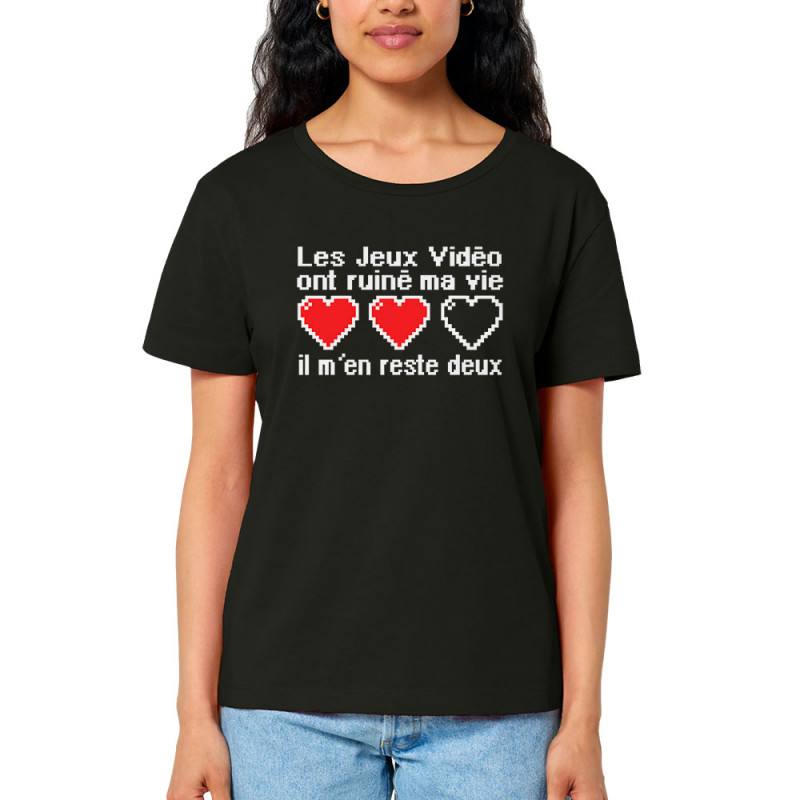 T-shirt femme col large coton bio noir Les jeux vidéo ont ruiné ma vie (Humour,Jeux Vidéo / Geek)