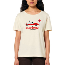 T-shirt femme col large coton bio naturel Le Loup se gare où (Pandaluna,Animaux,Humour)