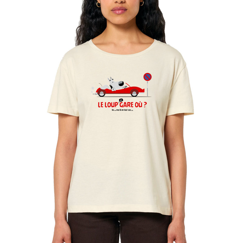 T-shirt femme col large coton bio naturel Le Loup se gare où (Pandaluna,Animaux,Humour)