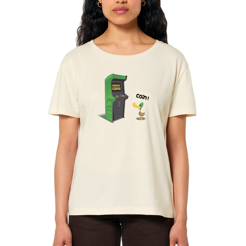 T-shirt femme col large coton bio naturel Insert Coins (Ted Boundy,Animaux,Humour,Jeux Vidéo / Geek)