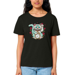 T-shirt femme col large coton bio noir Lucky Alice Cat (Le Duc,Animaux,Chats)