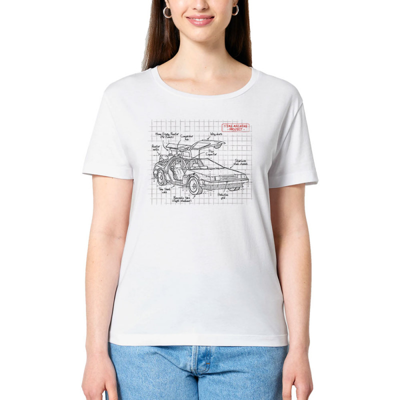 T-shirt femme col large coton bio blanc Dolorean Plan (Le Duc,Films/Séries)