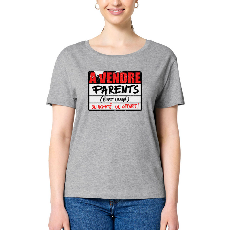 T-shirt femme col large coton bio gris chiné A vendre parents (Gondrax,Humour)