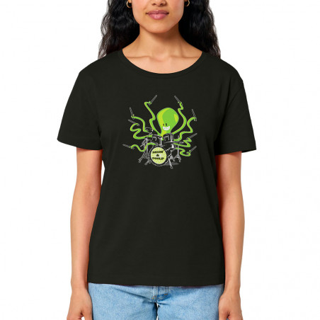 T-shirt femme col large coton bio noir Poulpy Drum (Animaux,Humour,Ted Boundy)