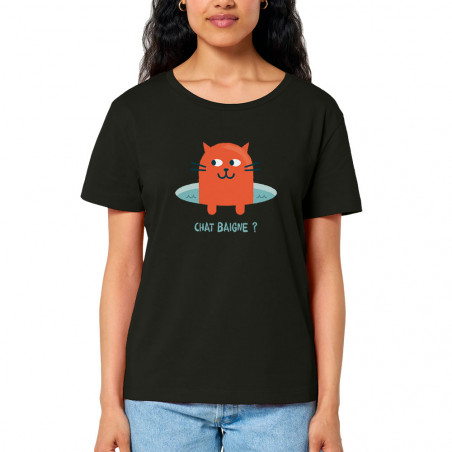 T-shirt femme col large coton bio noir Chat baigne ? (Alex Kidd,Animaux,Humour,Chats)