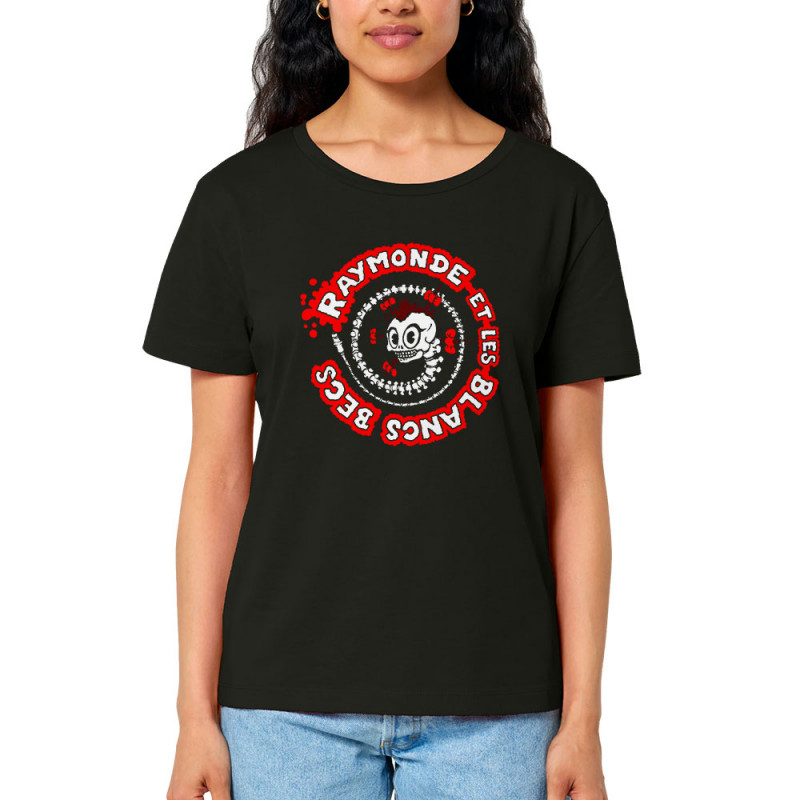 T-shirt femme col large coton bio noir Squelettozoïde (Raymonde et les Blancs Becs)