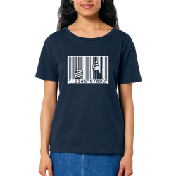 T-shirt femme col large coton bio bleu marine Code barre prison (Slogans engagés)