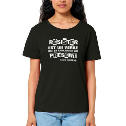 T-shirt femme col large coton bio noir Résister est un verbe qui  se conjugue au présent (Slogans engagés)
