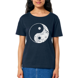 T-shirt femme col large coton bio bleu marine Ying Yang (Ethnique)