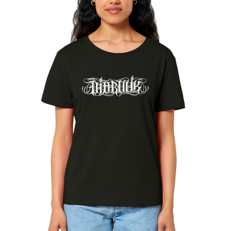 T-shirt femme col large coton bio noir Wire Lettering (Diabolik)