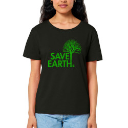 T-shirt femme col large coton bio noir Save Earth (Ecologie)