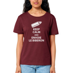 T-shirt femme col large coton bio bordeaux Keep calm and envoie le biberon (Humour,Bébés)