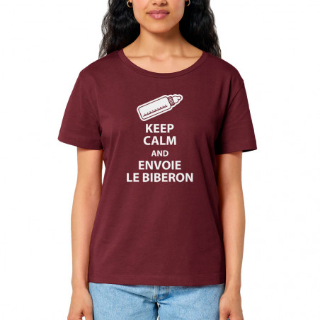 T-shirt femme col large coton bio bordeaux Keep calm and envoie le biberon (Humour,Bébés)