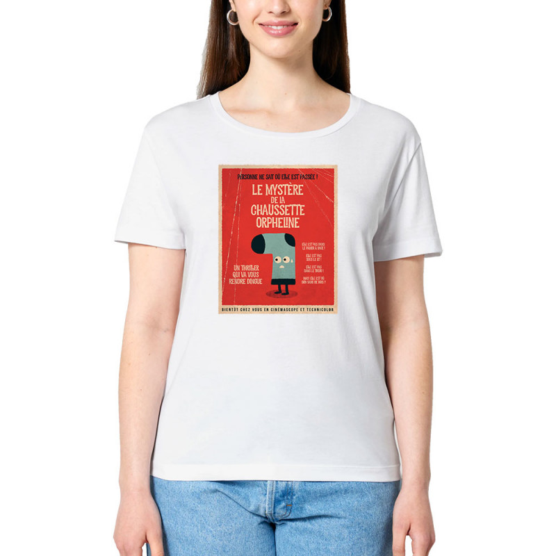 T-shirt femme col large coton bio blanc Le mystère de la chaussette (Alex Kidd,Humour)