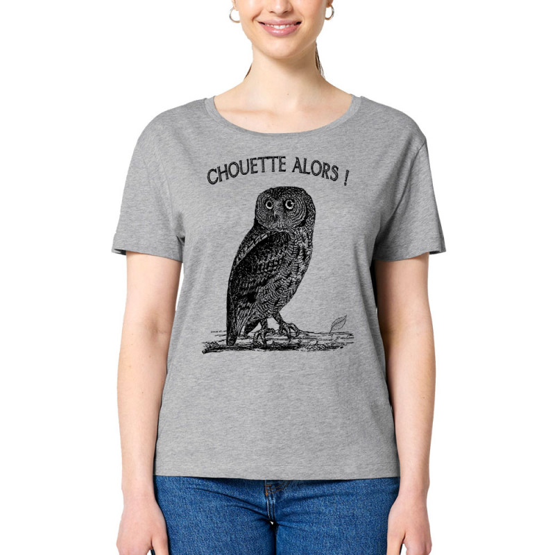 T-shirt femme col large coton bio gris chiné Chouette alors (Gondrax,Les Bébêtes,Animaux)