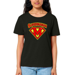 T-shirt femme col large coton bio noir Super Maman (Gondrax,Slogans Débiles,Humour,Fête des mères,Détournements,Papa Maman Papy 