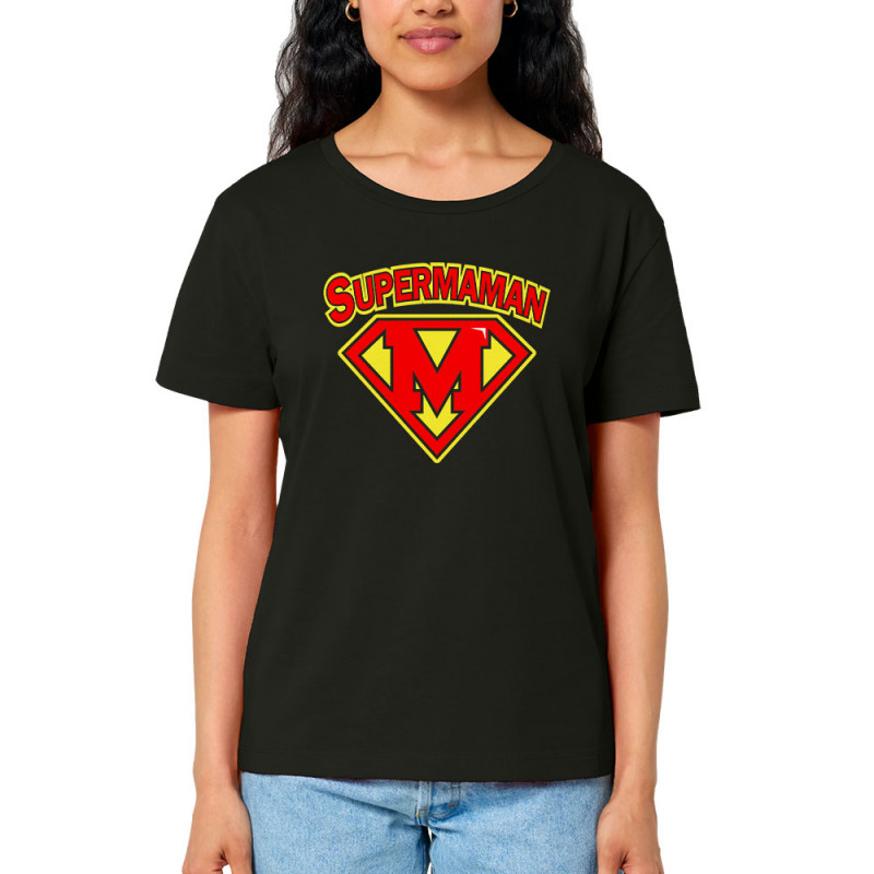 T-shirt femme col large coton bio noir Super Maman (Gondrax,Slogans Débiles,Humour,Fête des mères,Détournements,Papa Maman Papy 