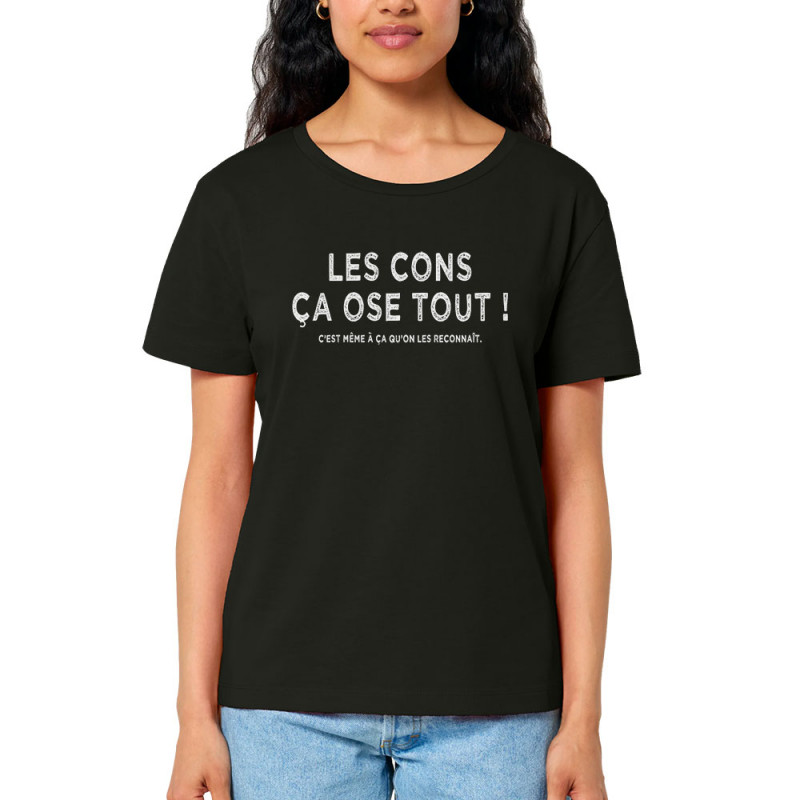 T-shirt femme col large coton bio noir Les cons ça ose tout (Gondrax,Slogans Débiles,Films/Séries,Les Tontons Flingueurs)