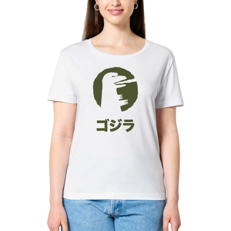 T-shirt femme col large coton bio blanc Vintage Godzilla (Alex Kidd,Films/Séries,Manga Kawaï japan)