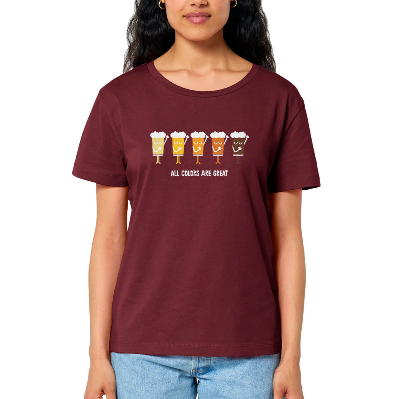 T-shirt femme col large coton bio bordeaux All Colors are great (Alex Kidd,Alcool,Slogans engagés)